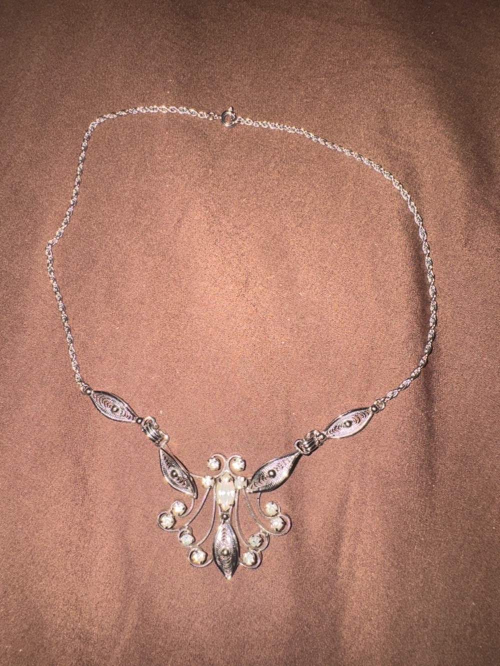 Elegant 1950’s sterling Silver Pendant Necklace with Crystal Accents -